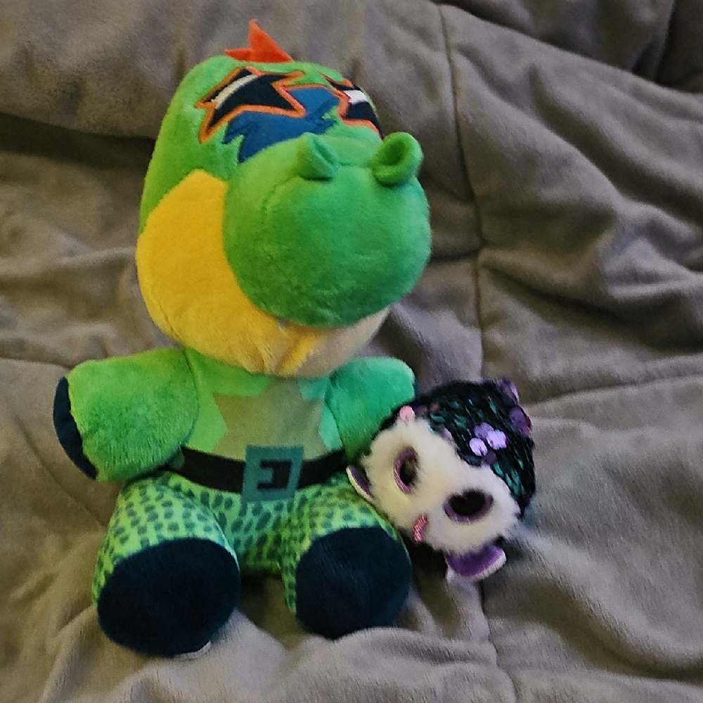 Green Dinosaur Plush with Owl Sequin Toy